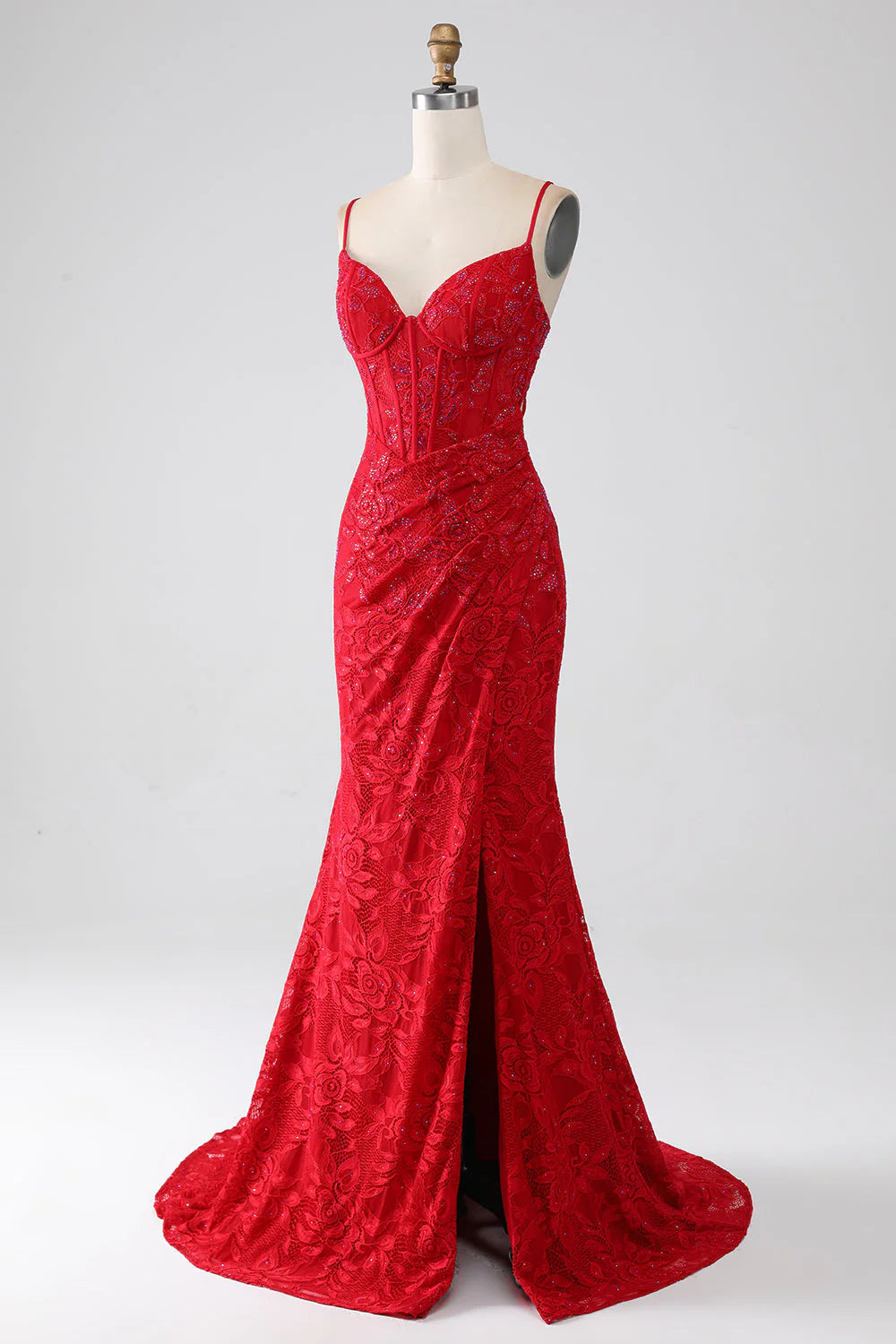 Vestido de fiesta de sirena con tirantes finos, apliques de encaje y cuentas y abertura